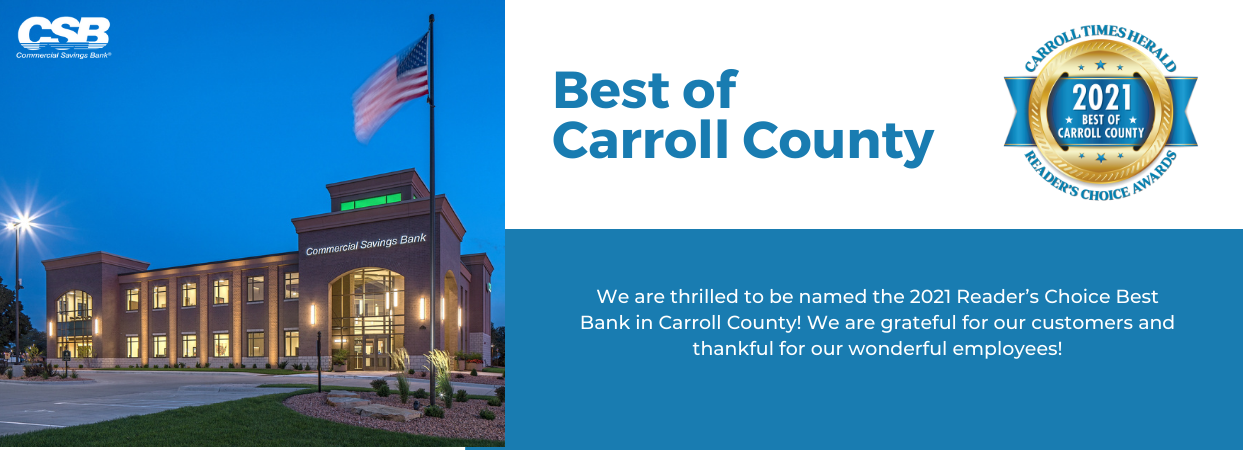 Best of Carroll County Banner - 2021 Reader's Choice Best Bank in Carroll County! Carroll Times Herald